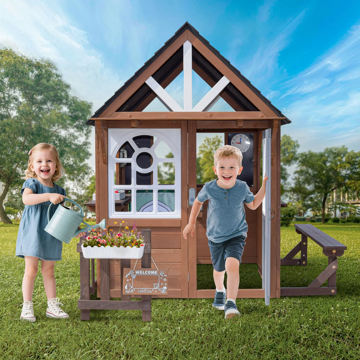 2026 NewCOCLUB Outdoor Playhouse, Wooden Playhouse for Kids Toddlers, Large Kids Playhouse with Bench/Fence/Kitchen/Door Nameplate/Pretend Phone, Girls Boys Outdoor Toy Gift for Ages 3+, (62.99"W* 67.32"L)