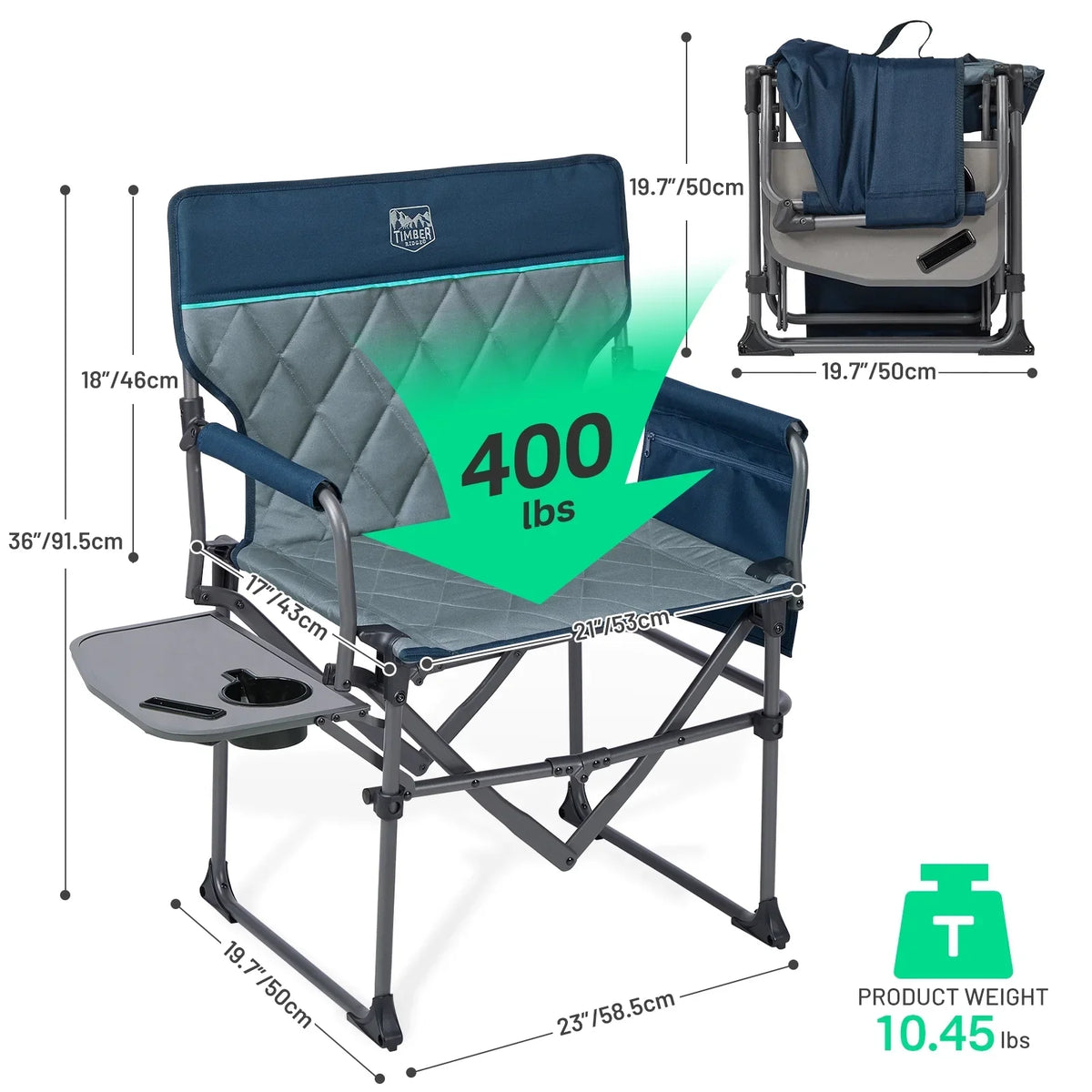 2026 NewTIMBER RIDGE Portable Director Chair, Heavy Duty Camping Folding Chair with Compact Size with Side Pocket and Side Table, Support 400 lbs, Grey