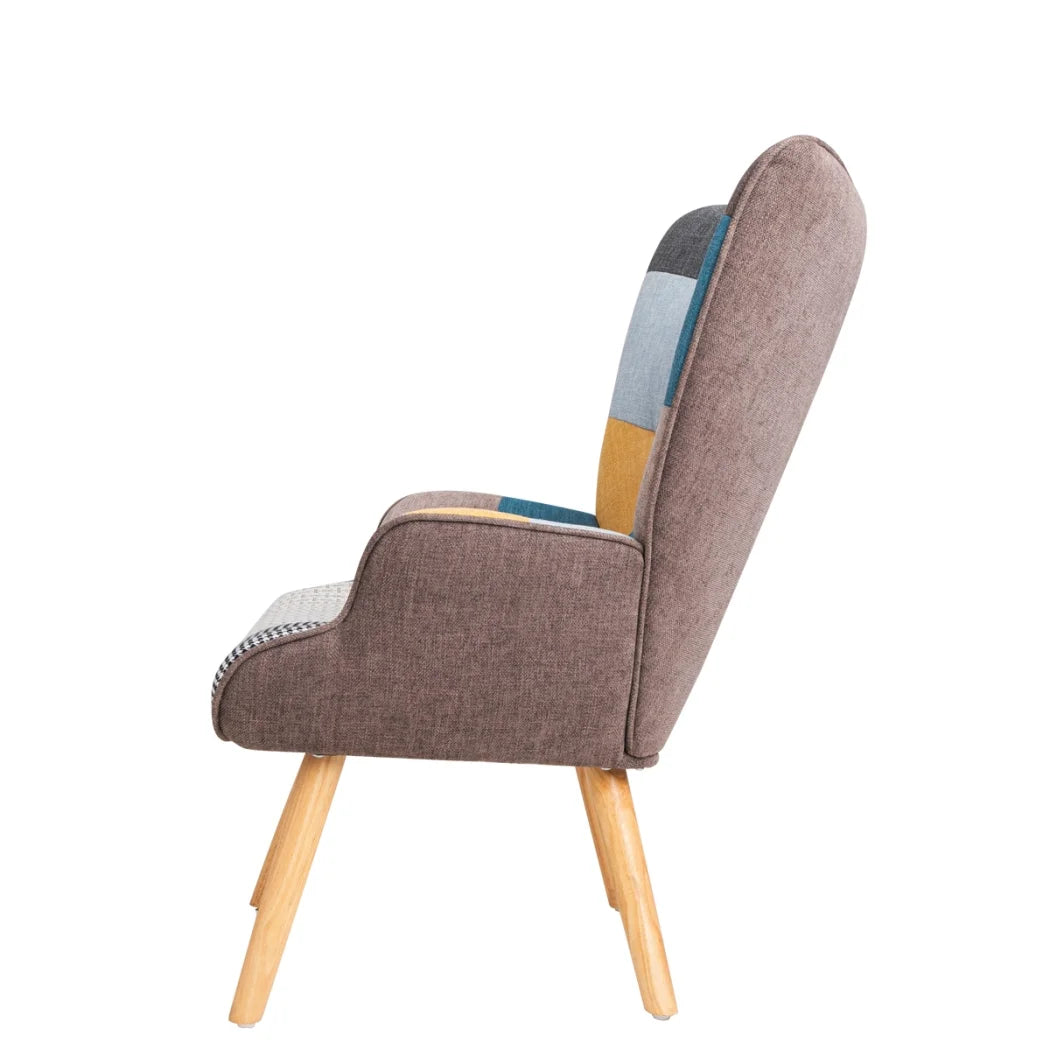 2026 NewModern Accent Chair with Solid Wood Legs and High Wing Backrest, Side Chair Set with Ottoman, Comfy Side Armchair for Living Room, Reading Room, Bedroom, Colorful Patchwork