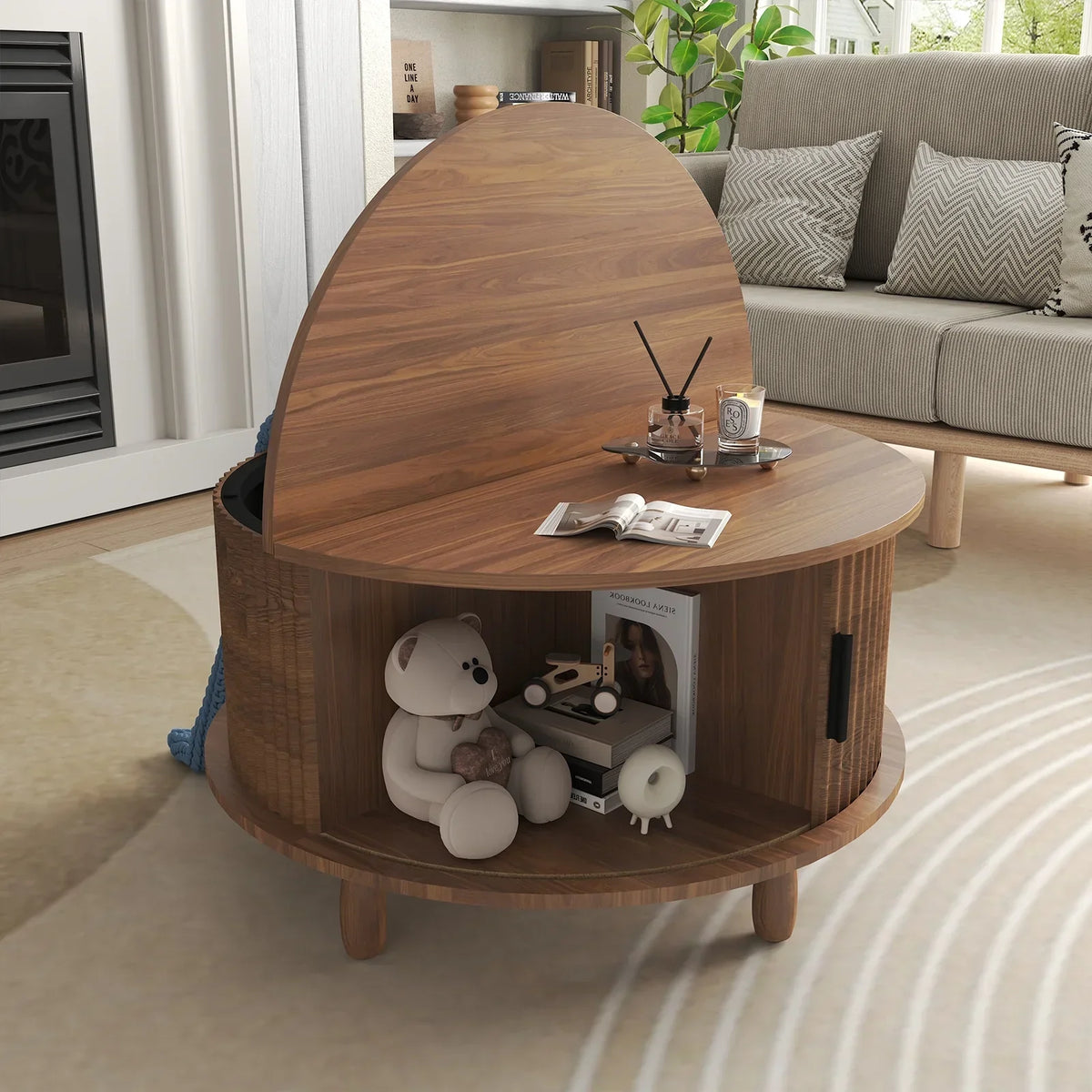 2026 NewRUMLIVE Round Coffee Table with Storage, 30.7" Modern Coffee Table with 360" Curved Sliding Door, Fluted Wood Coffee Table with Footpads, Round Center Table for Living Room, Black