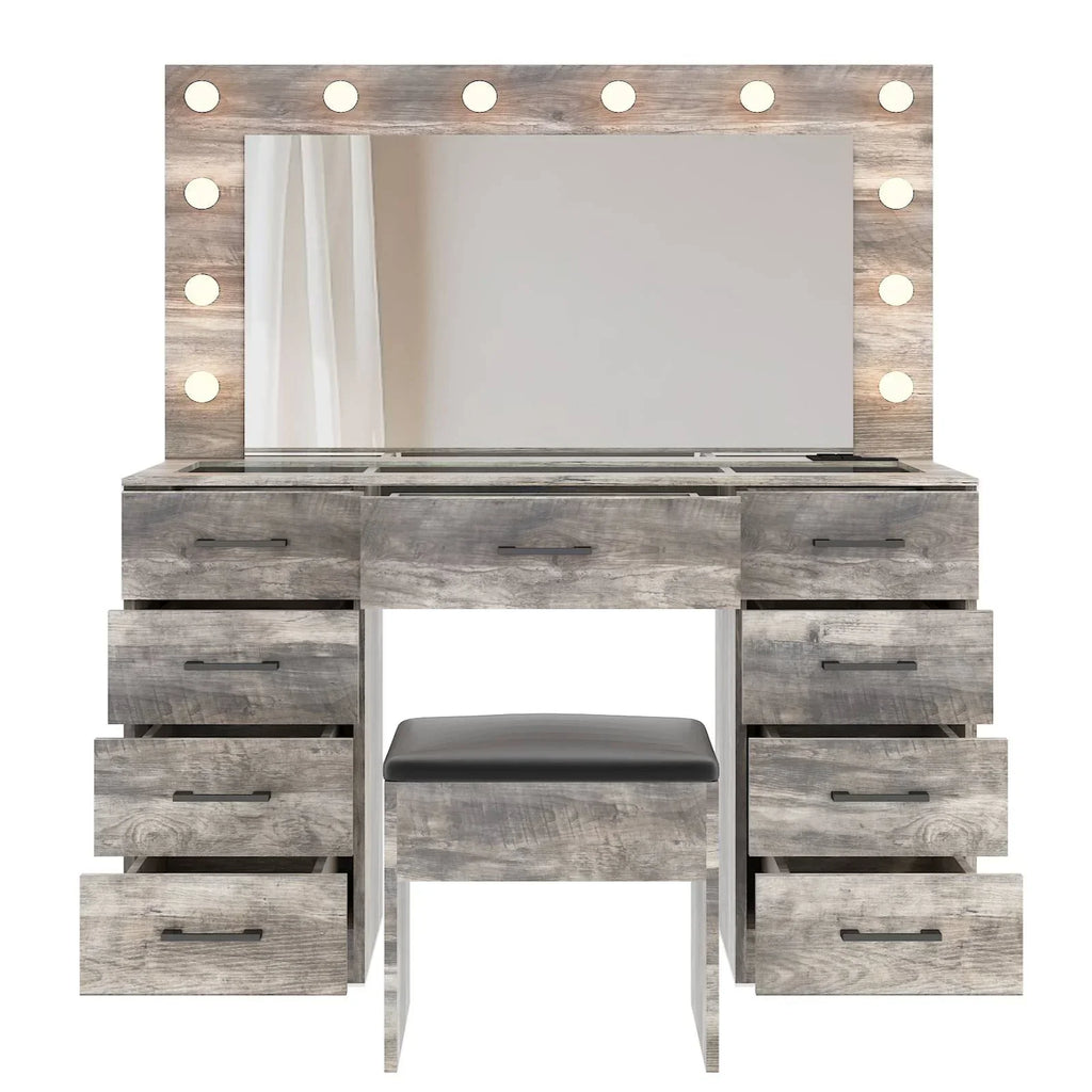 2026 NewKtaxon Large Makeup Vanity, Vanity Table Set w/ Visible Glass Top w/ Charging Station, White