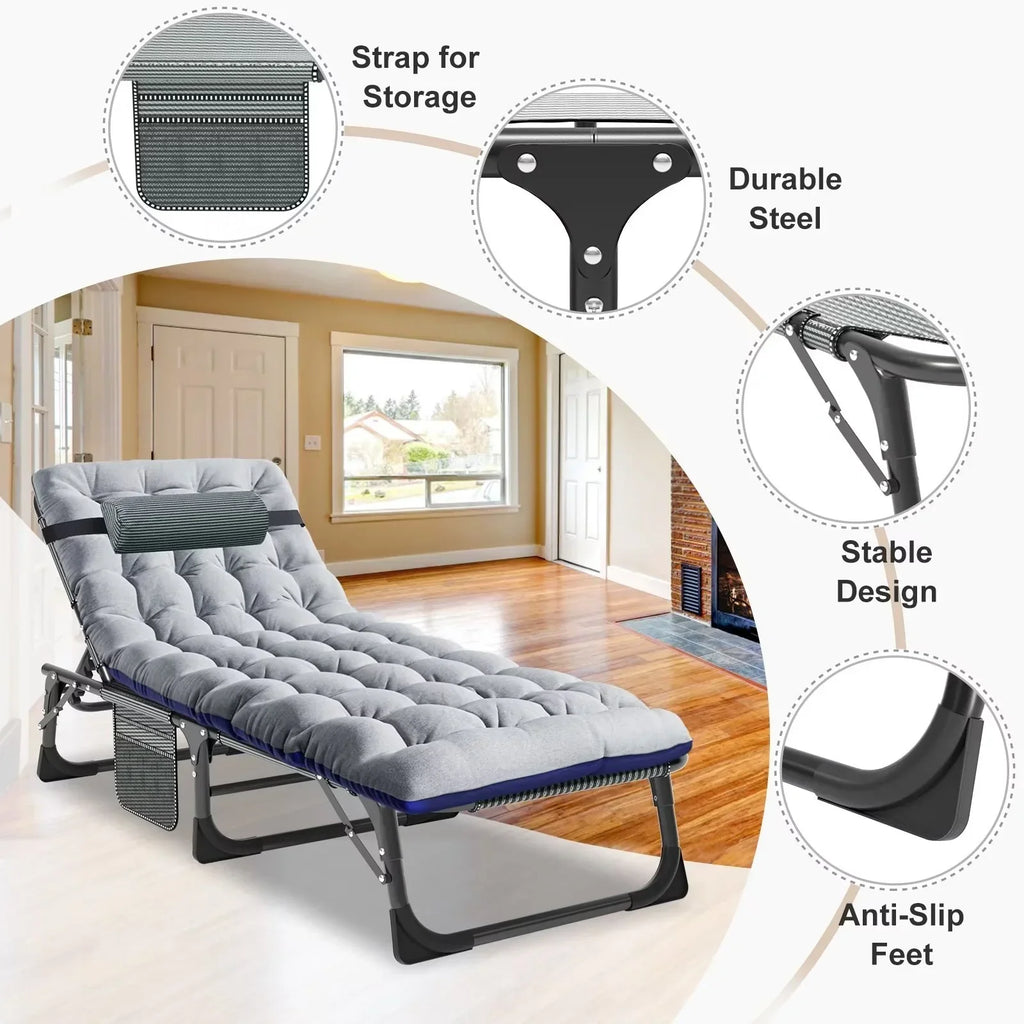 2026 NewMOPHOTO Lounge Chair with Mattress, Outdoor Chaise Lounge Support 440 Lbs, Adjustable Portable Heavy Duty Sleeping Cots Bed for Camping, Pool, Beach, Patio