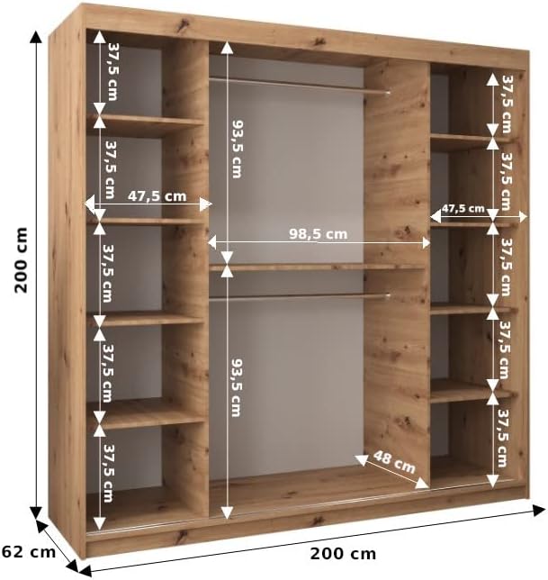 2026 Armario de dormitorio ABIKSMEBLE Verona 4 200 con tres puertas correderas – Armario de almacenamiento moderno con espejo, perchero y estantes – 200 x 200 x 62 cm – Negro mate Sonoma