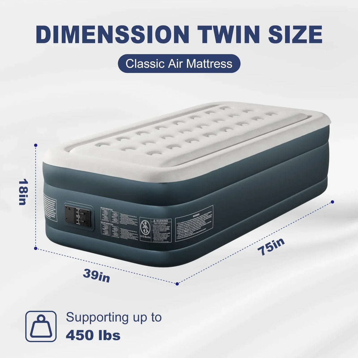 2026 NewZimtown 18" Twin Air Mattress with Two Chamber, Elevated Inflatable Bed with Built-in Pump, Protable Airbed for Outdoor Indoor Camping, Gray & White