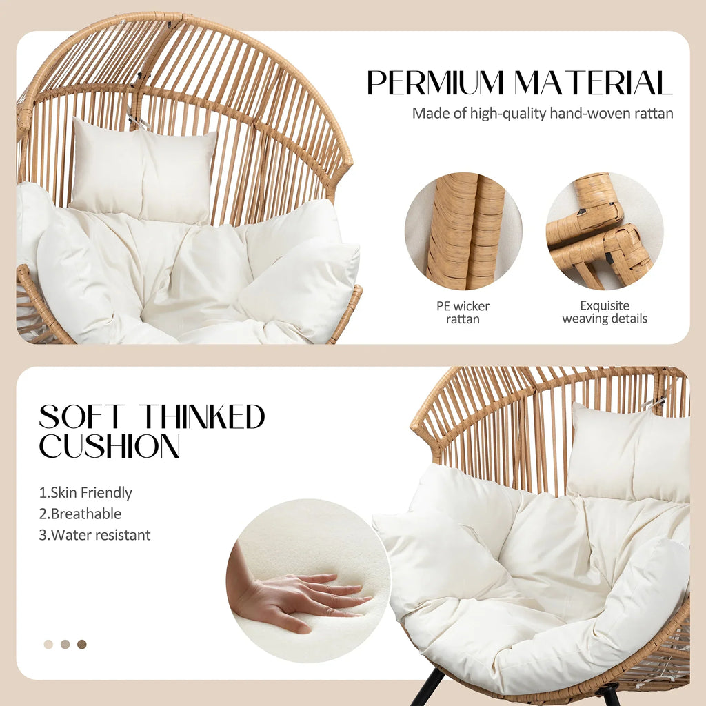 2026 NewWalsunny Egg Chairs Outdoor Patio Wicker Oversized Egg Shell Lounger Lawn Chair with Cushion for Indoor Outside Porch Balcony Backyard, Original Wood Color Rattan Beige Cushion