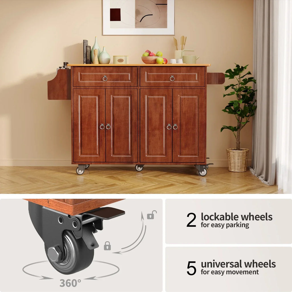 2026 NewLofka 52-Inch Kitchen Island with Storage on Wheels with Wood Drop Leaf, Ideal for Small Kitchens