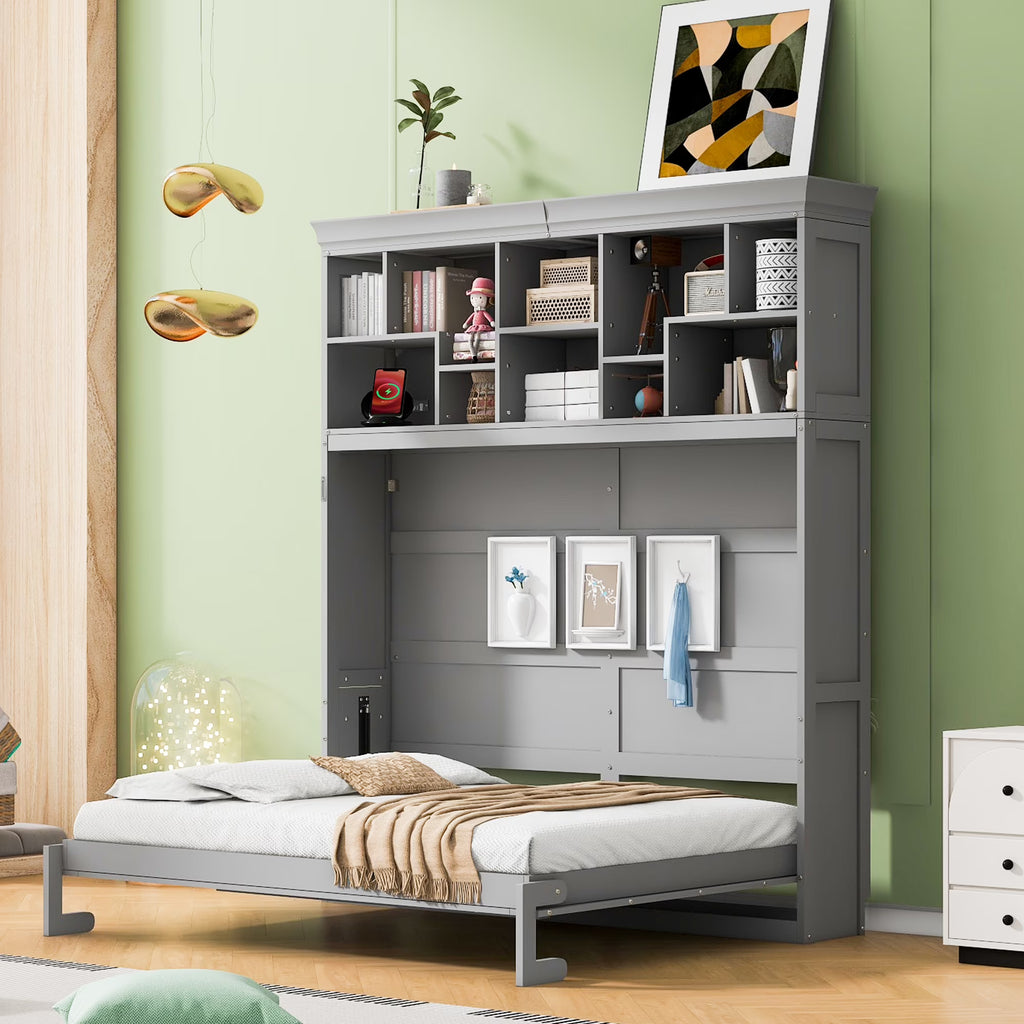 2026 NewQueen Size Murphy Bed Wall Bed with Top Shelves & USB Charging, Space-Saving Cabinet Bed with Flexible Slats, Gray Modern Foldable Bed