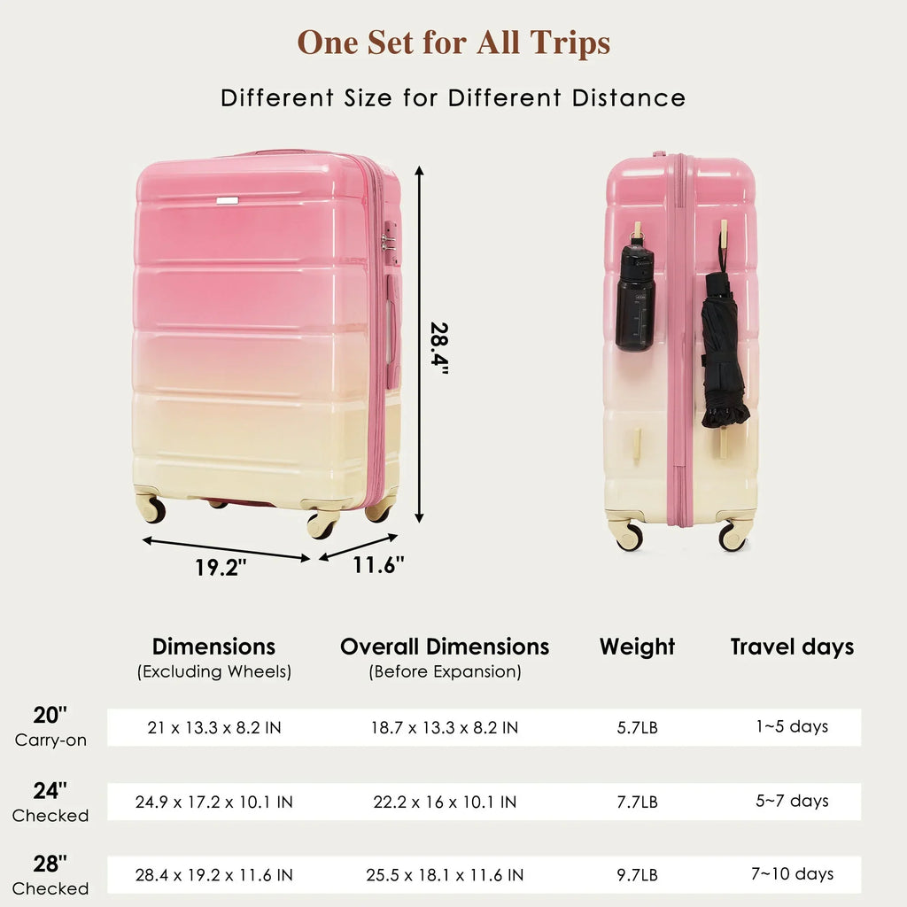 2026 NewPAPROOS 3-Piece Luggage Set (20''/24''/28''), Hardshell Lightweight Suitcase with USB Port and Side Hooks, Travel Luggage with TSA-Lock, Hardside Rolling Luggage for School, Travel, Pink