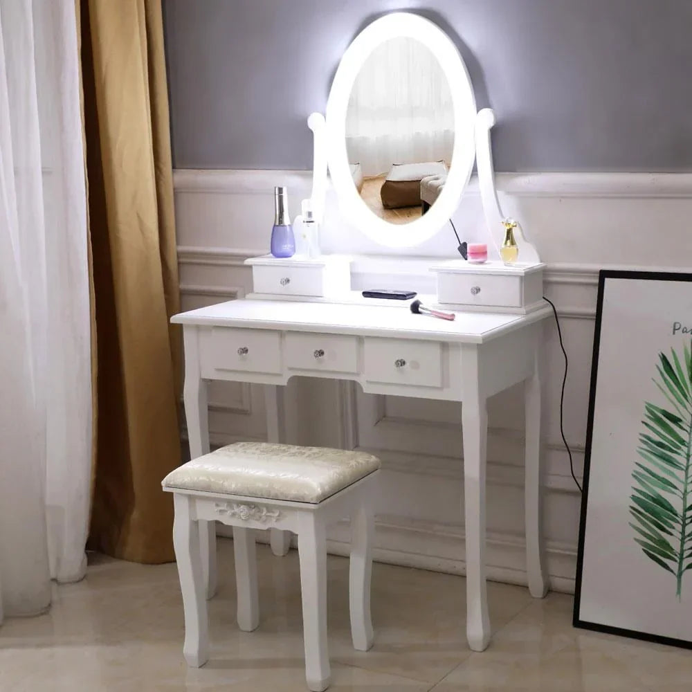 2026 NewKtaxon Vanity Table 10 LED Lights, 5 Drawers Makeup Dressing Desk with Cushioned Stool Set,Bedroom Vanities Set White