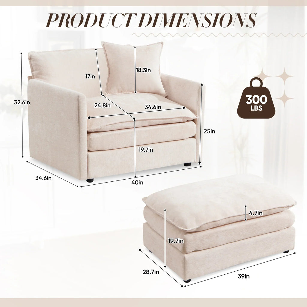 2026 NewMuumblus Oversized Lounge Chair with Ottoman, Cloud Accent Armchair for Living Room, Beige Chenille