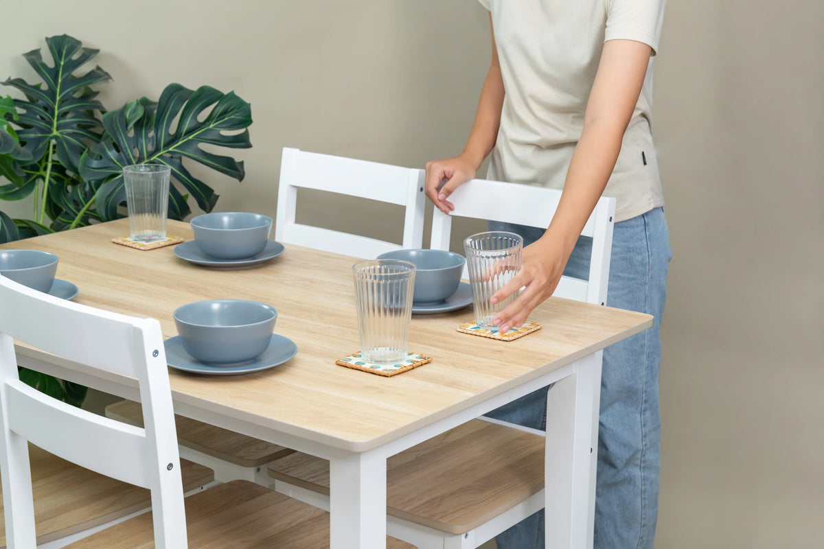 2026 NewMainstays 5-Piece Dining Set, 1 Table and 4 Chairs, White, MDF and Rubberwood, Indoor, 46" L x 29" W x 30" H Table