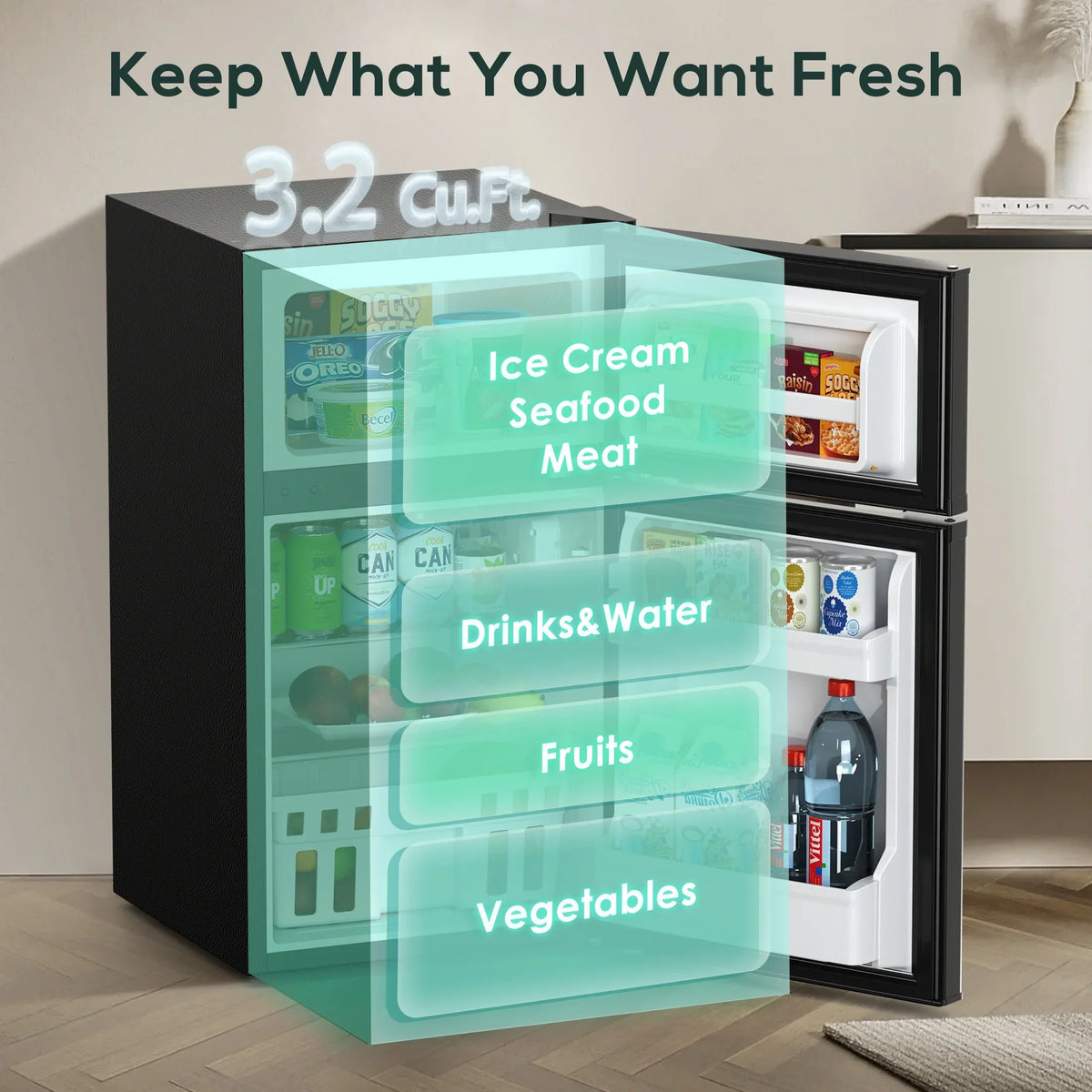 2026 NewAuseo 3.1 Cu.Ft Double Door Mini Fridge with Freezer, Compact Retro Refrigerator for Dorm, Office, Bar, Bedroom, Black