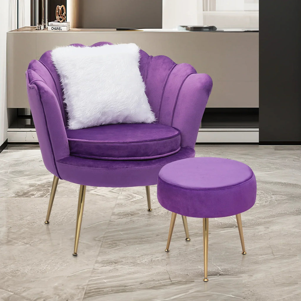 2026 NewMoNiBloom Set of 2 Velvet Tufted Accent Chair with Pillow and Stool, Upholstered Modern Single Sofa Side Chair with Padded Seat and Golden Metal Legs, Living Room Armchair, Black