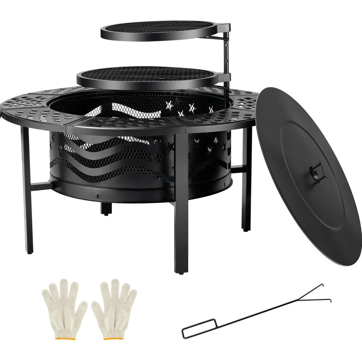 2026 NewTrumanPick Fire Pit for Outside 42" Wood Burning Fire Pit Tables with 2 Adjustable Swivel BBQ Grills, Lid, Poker for Patio Backyard BBQ Ice Storage