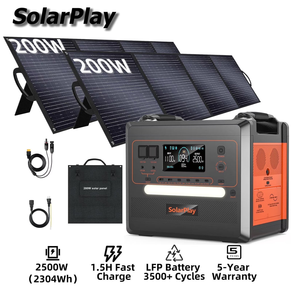 2026 NewSolarplay 2400W(4800W Peak) Solar Generator, with 400W Solar Panel,2160Wh Portable LiFePO4 Battery Power Station for Camping Home Backup RV