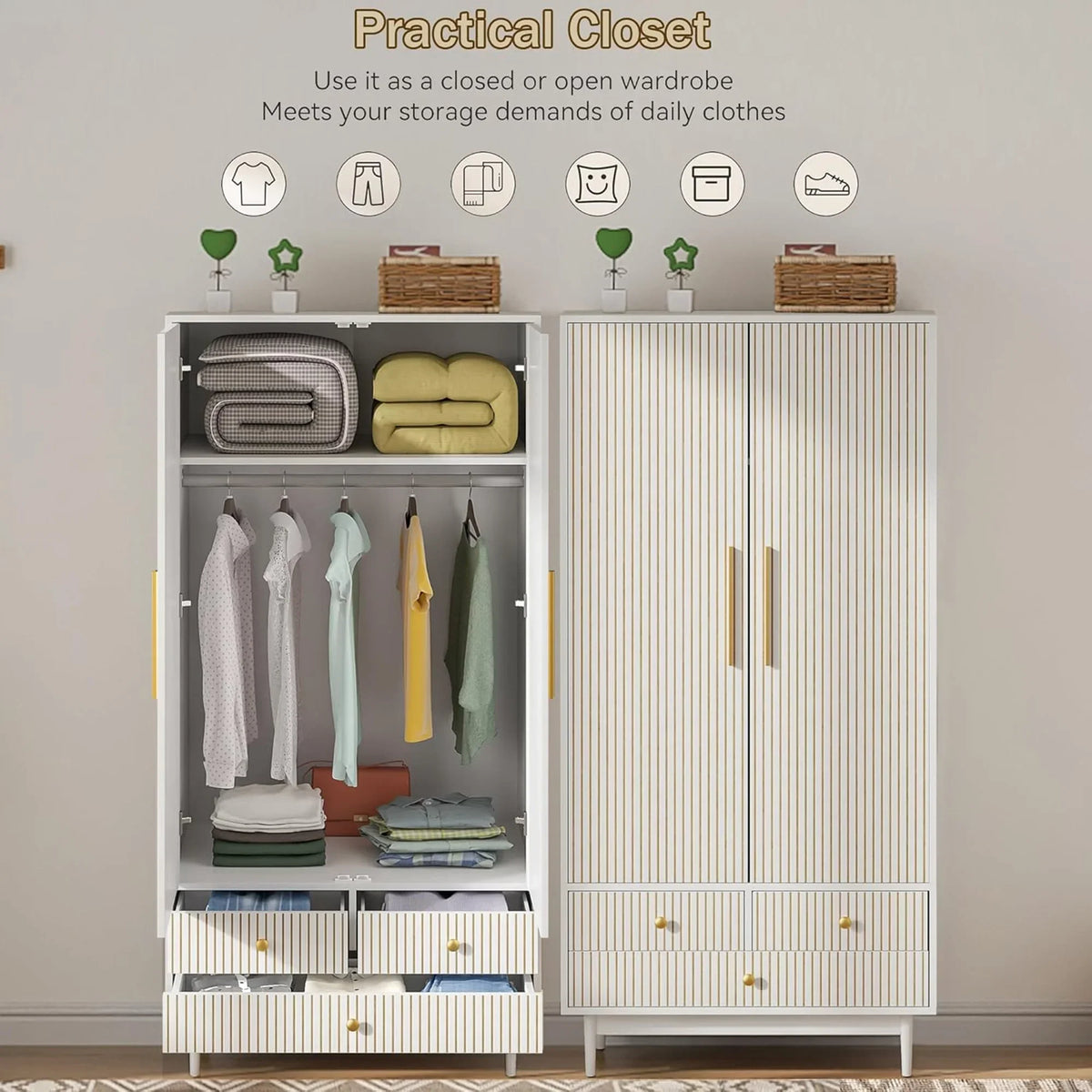 2026 NewOubayajia Wardrobe Armoire Closet, 2 Fluted Doors Wardrobe Cabinet with 3-Drawer and Hanging Rod, Wood Wardrobe Storage for Bedroom