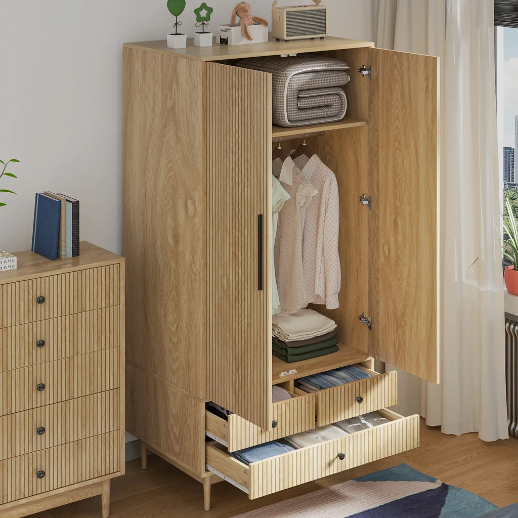 2026 NewOubayajia Wardrobe Armoire Closet, 2 Fluted Doors Wardrobe Cabinet with 3-Drawer and Hanging Rod, Wood Wardrobe Storage for Bedroom