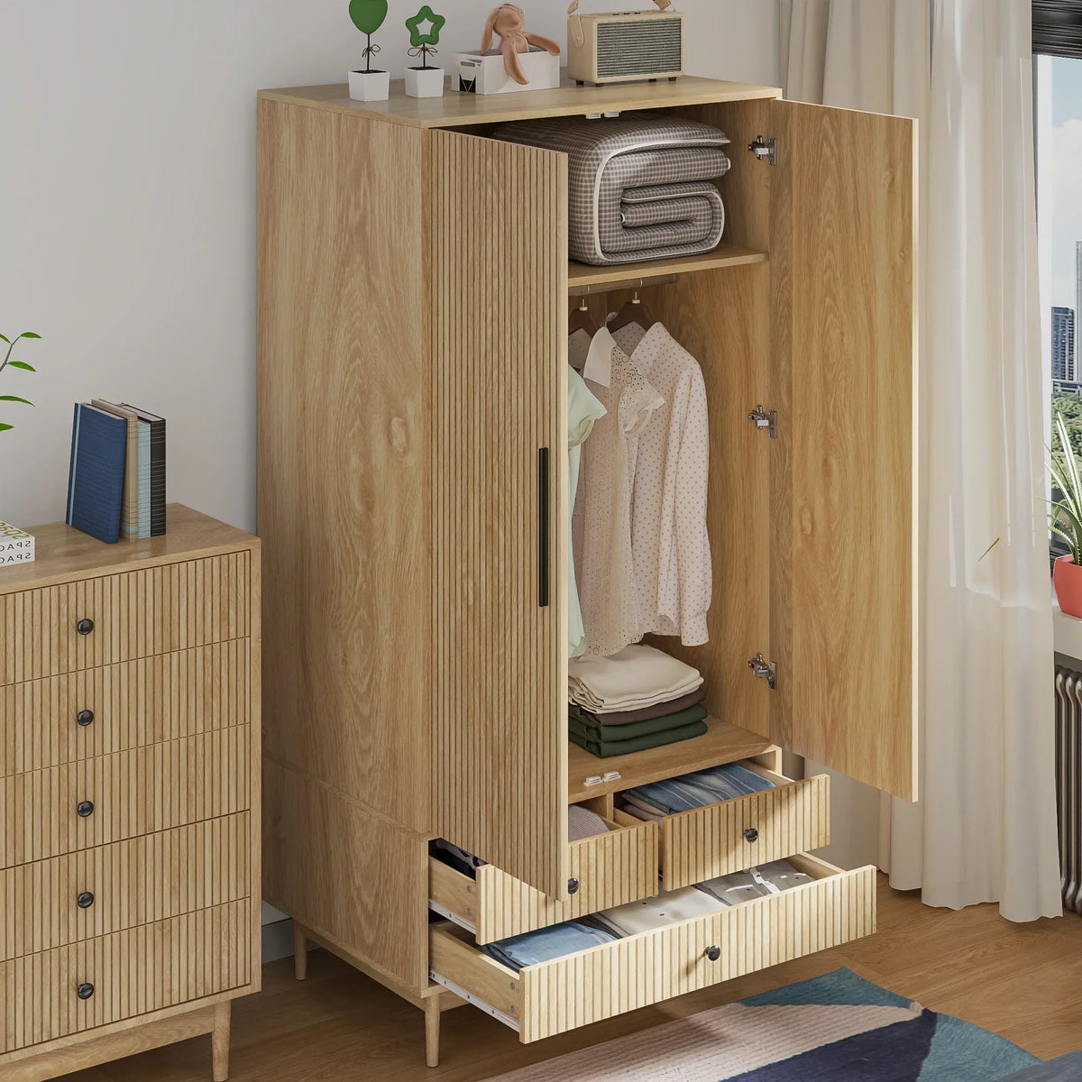 2026 NewOubayajia Wardrobe Armoire Closet, 2 Fluted Doors Wardrobe Cabinet with 3-Drawer and Hanging Rod, Wood Wardrobe Storage for Bedroom