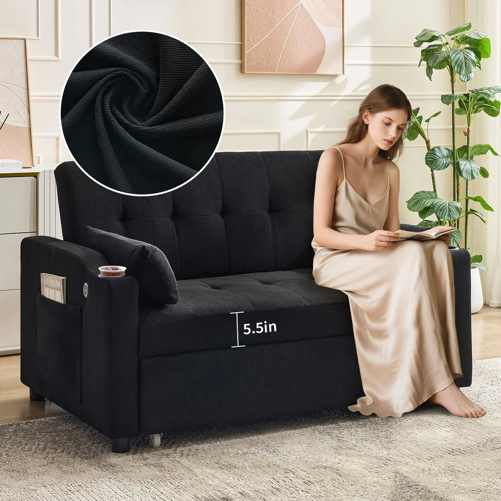 2026 New3 in 1 Convertible Sleeper Sofa Bed, Corduroy Futon Couches with Pull-Out Bed, Adjustable Backrest, Charging Port & Side Pockets, Modern Upholstered Sofa for Living Room, Guest Room