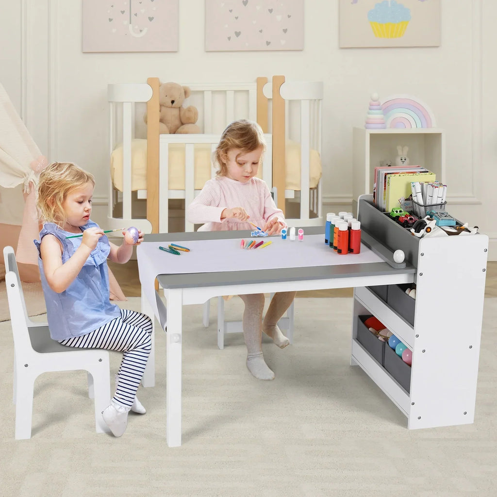 2026 NewPirecart Kids Art Table and 2 Chairs Toddler Craft Set Wooden Play Activity Drawing Table with 4 Storage Bins and Paper Roll