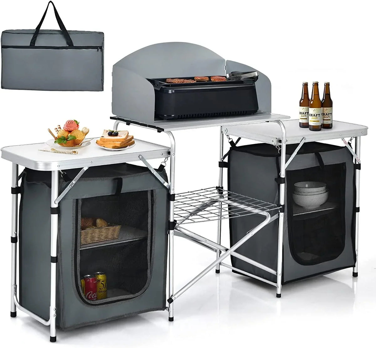 2026 NewCamping Kitchen Table with Storage, Aluminum Portable Outdoor Cooking Table with Windscreen, Foldable Camp Table Cook Station for BBQ, Grill, Party, Picnics