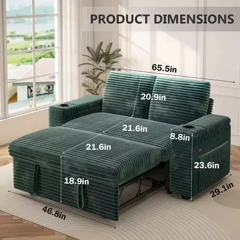 2026 Dyonery Sofá cama 4 en 1 de 65,5" con respaldos ajustables, carga USB/Type-C, portavasos y bolsillos, verde