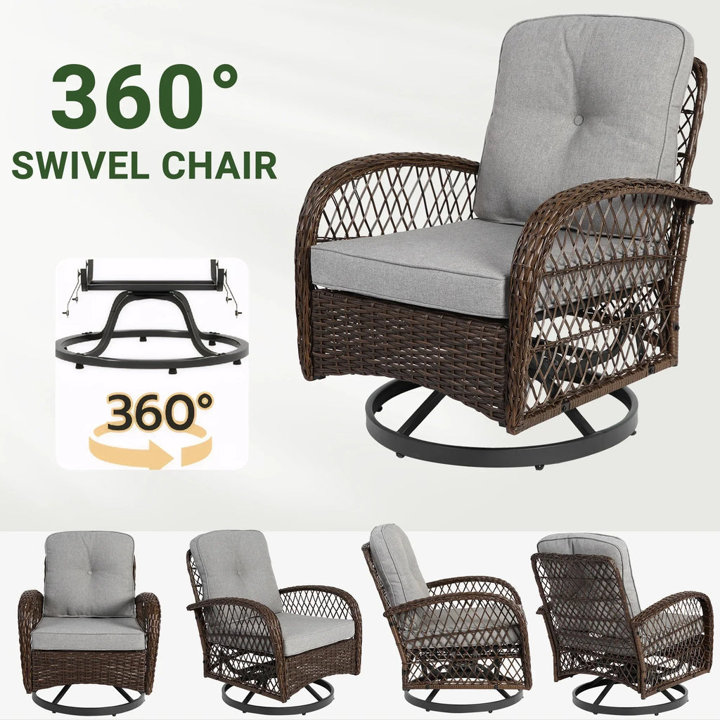 2026 New3 Piece Patio Swivel Rocker Chairs Set, 2 360-Degree Swivel Rocking Chairs with 1 Glass Top Table, PE Rattan Outdoor Bistro Set with Cushions for Balcony Deck Poolside Backyard Porch