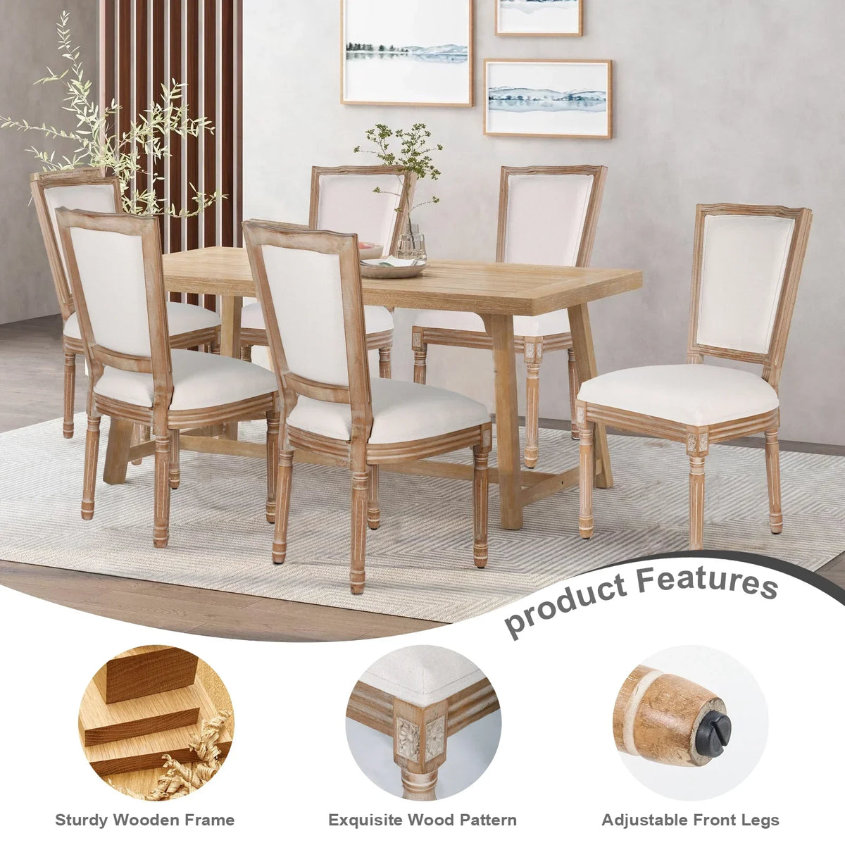 2026 NewFrench Dining Chairs Set of 2 Beige Natural Fabric Round Back with Solid Wood Legs and Frame for Bedroom Dining Room Kitchen