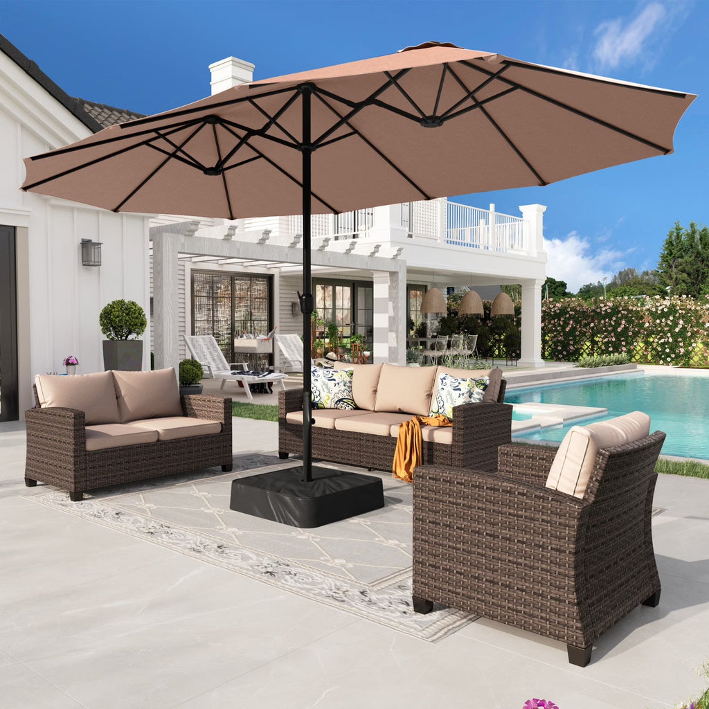 2026 NewAlpha Joy 15ft Outdoor Patio Umbrella Extra-Large Double-Sided Garden Umbrella with Crank Handle and Base - Smoky Gray