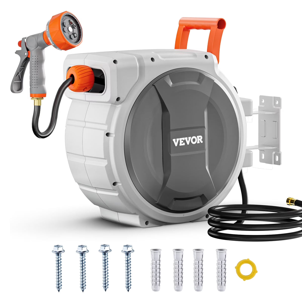2026 NewVEVOR Retractable Garden Hose Reel, 5/8 Inch x 100 ft Wall Mounted Hose Reel, Heavy Duty Garden Hose Reel with 9 Patterns Nozzle, Any Length Lock, Upgraded Slow Return System and 180" Swivel Bracket