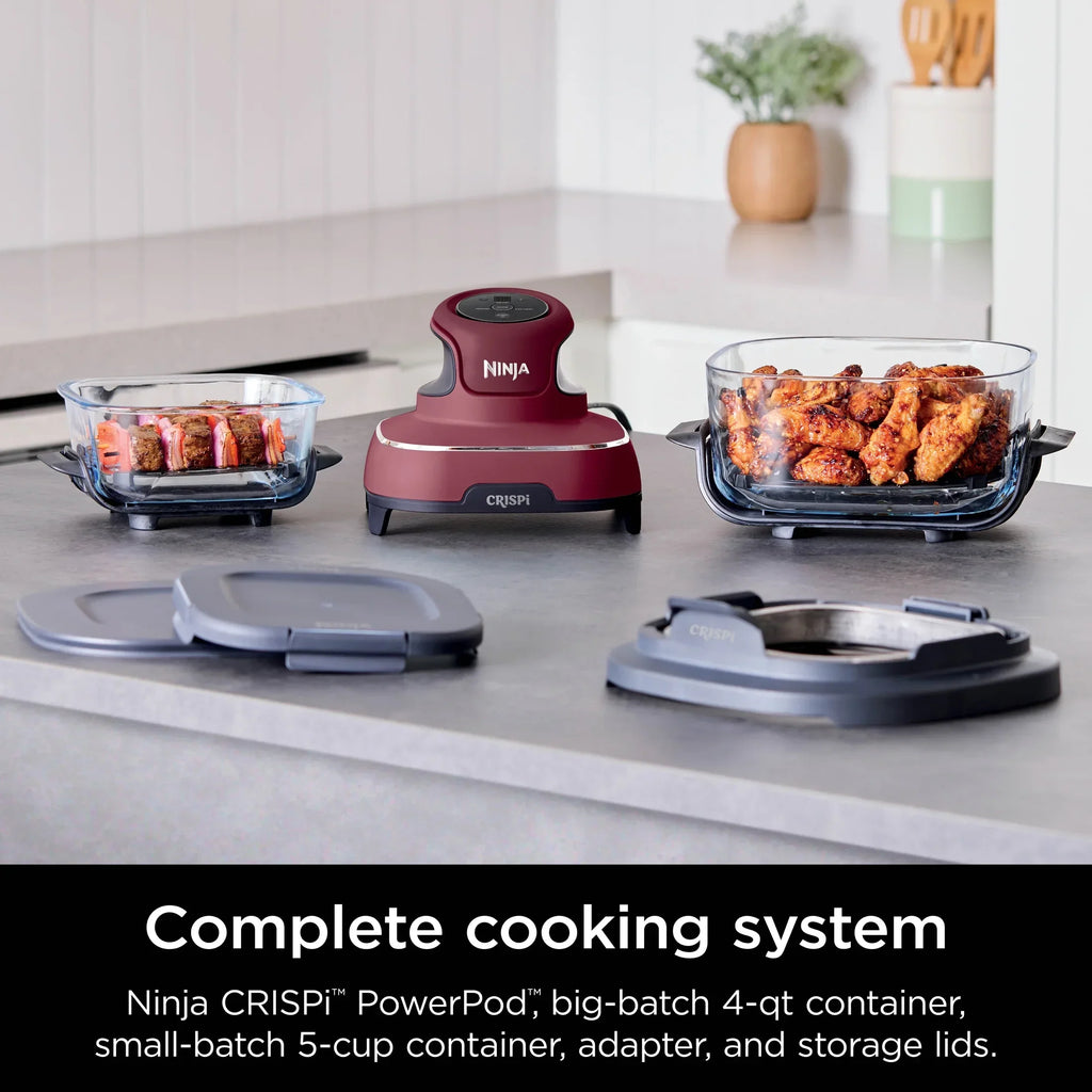 2026 NewNinja Crispi 3-in-1 Portable Glass Air Fryer Cooking System, 1500W, 4-Qt & 5-Cup TempWare Glass Containers with Storage Lids, Microwave, Freezer & Dishwasher Safe, White, FN100WH