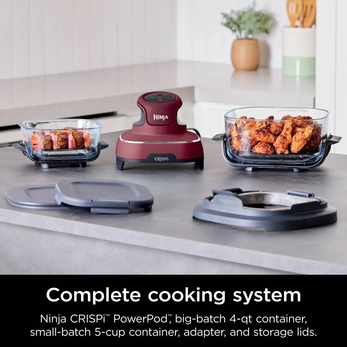 2026 NewNinja Crispi 3-in-1 Portable Glass Air Fryer Cooking System, 1500W, 4-Qt & 5-Cup TempWare Glass Containers with Storage Lids, Microwave, Freezer & Dishwasher Safe, White, FN100WH