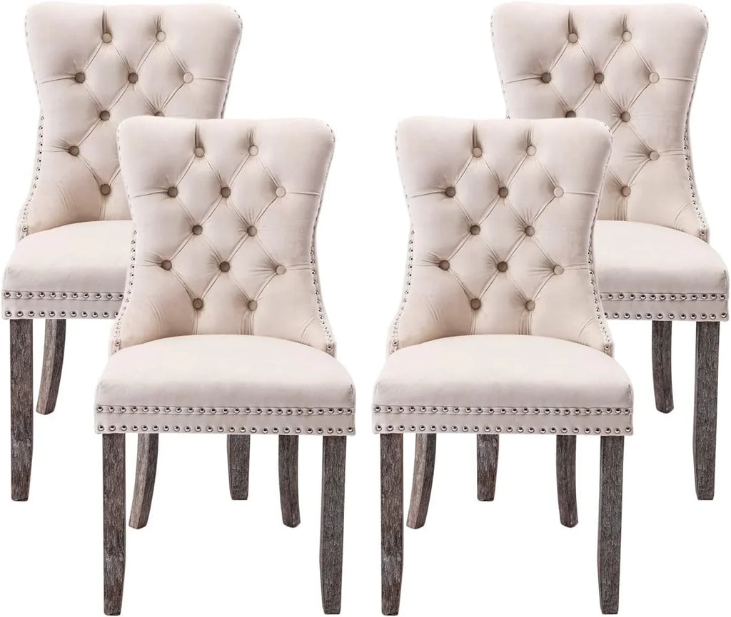 2026 NewTzicr Dining Chairs Set of 4, Velvet Upholstered Dining Chairs with Nailhead Back and Ring Pull Trim,Solid Wood Dining Chairs for Kitchen/Bedroom/Dining Room,Modern Fabric Dining Set,Beige