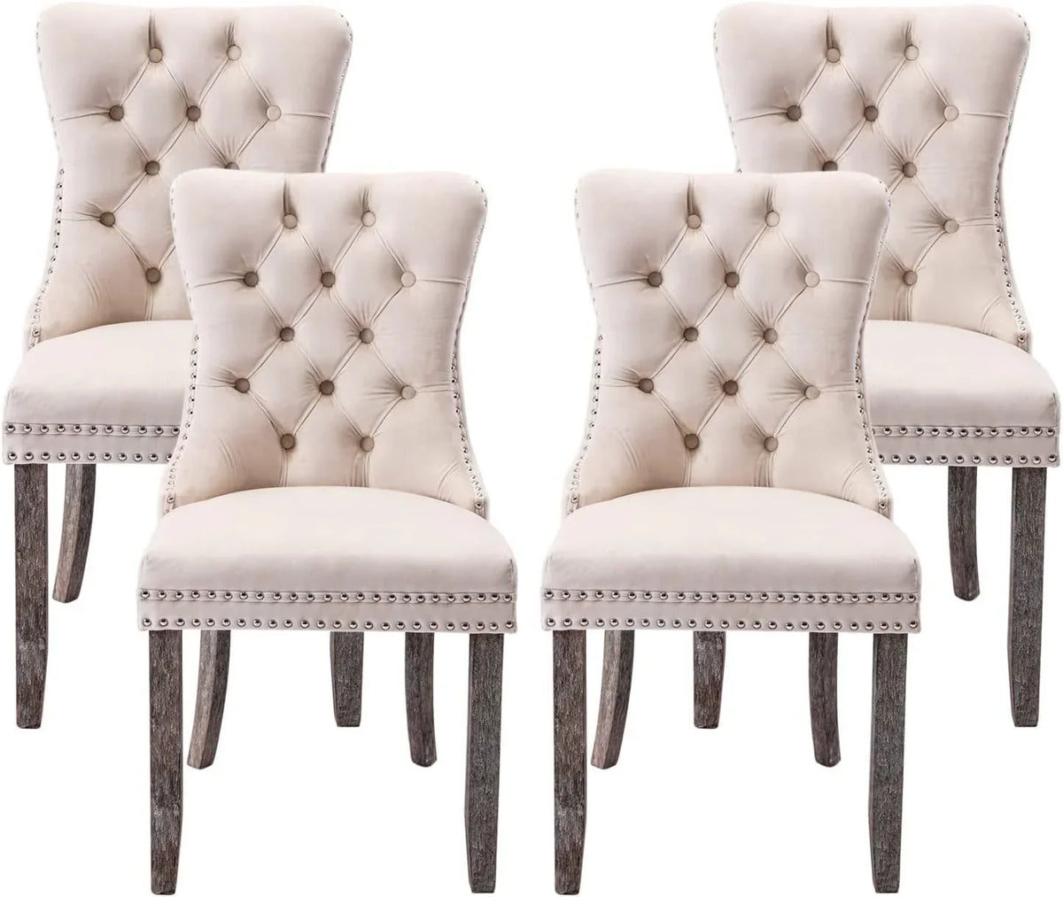 2026 NewTzicr Dining Chairs Set of 4, Velvet Upholstered Dining Chairs with Nailhead Back and Ring Pull Trim,Solid Wood Dining Chairs for Kitchen/Bedroom/Dining Room,Modern Fabric Dining Set,Beige