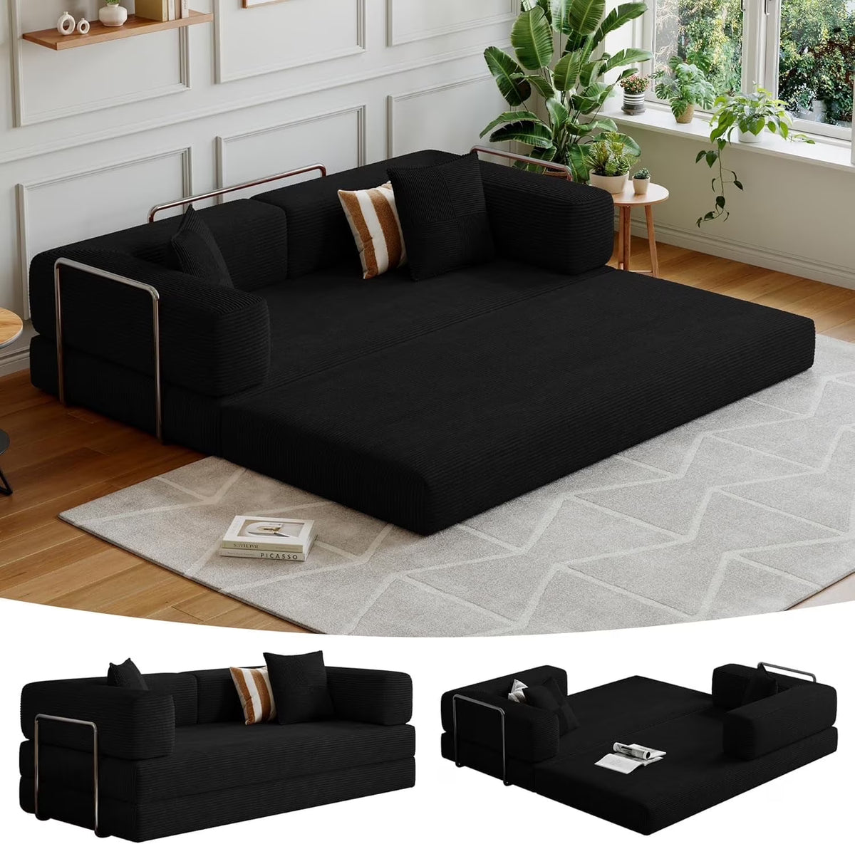 2026 NewConvertible Sleeper Sofa Bed,Compressed Floor Boneless Couch,Modular Modern Corduroy Sofa for Living Room Bedroom -with Fixed-Shape Frame and Support Armrest,Easy Assembly(Green)