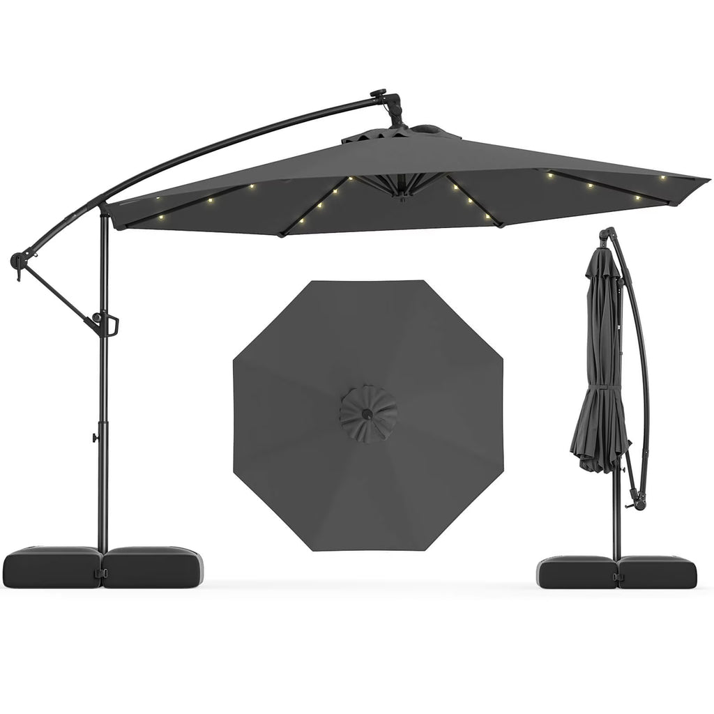 2026 NewCostway 10 FT Solar Offset Hanging Umbrella Patio Cantilever Umbrella with 32 LED Lights Brown