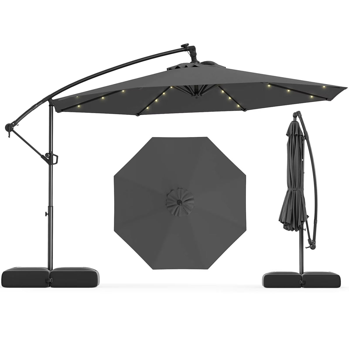 2026 NewCostway 10 FT Solar Offset Hanging Umbrella Patio Cantilever Umbrella with 32 LED Lights Brown