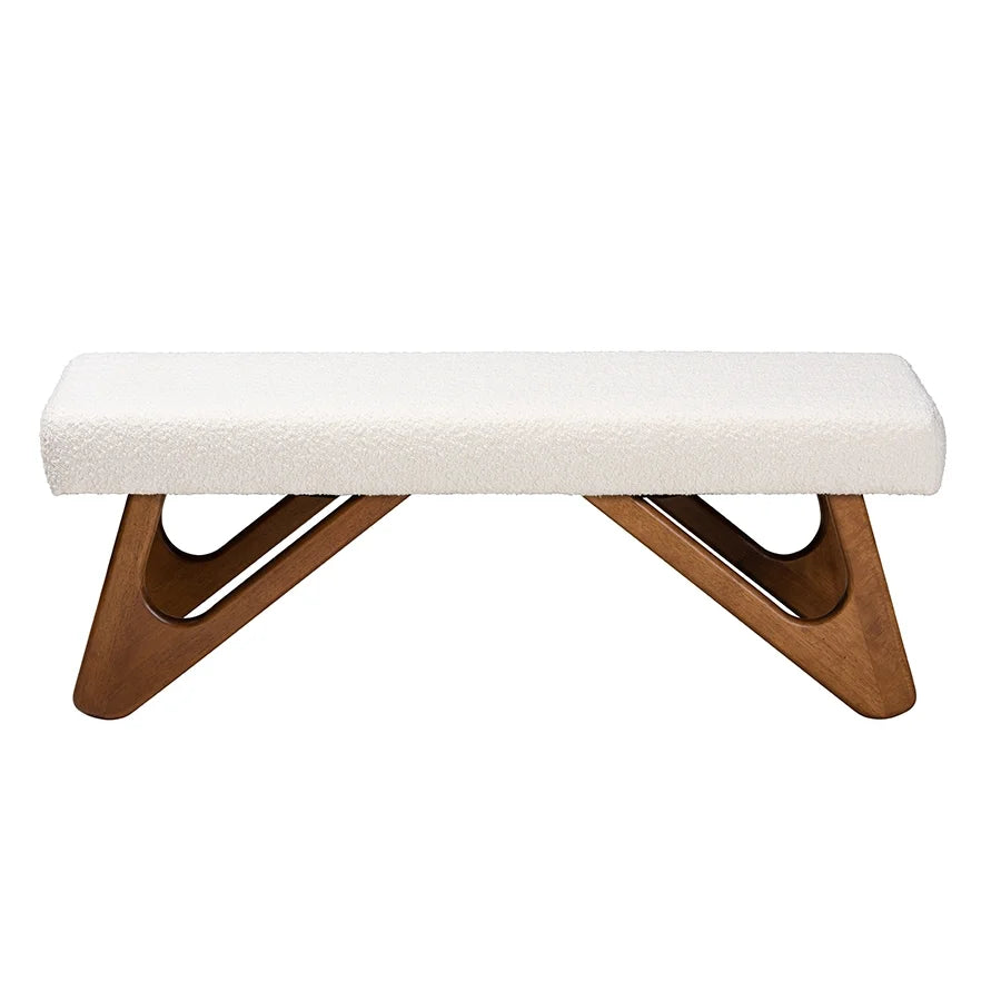 2026 NewBaxton Studio Rika Japandi Cream Boucle Fabric and Walnut Brown Finished Wood Bench