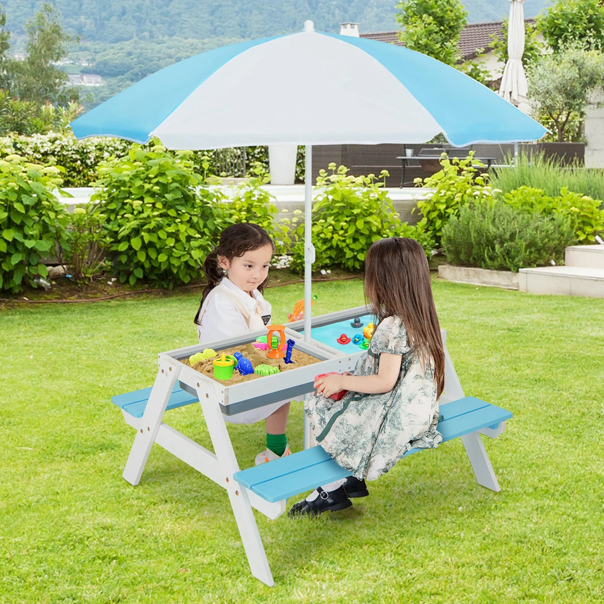 2026 NewCostway 3-in-1 Kids Picnic Table Wooden Outdoor Sand & Water Table with Umbrella Play Boxes Green