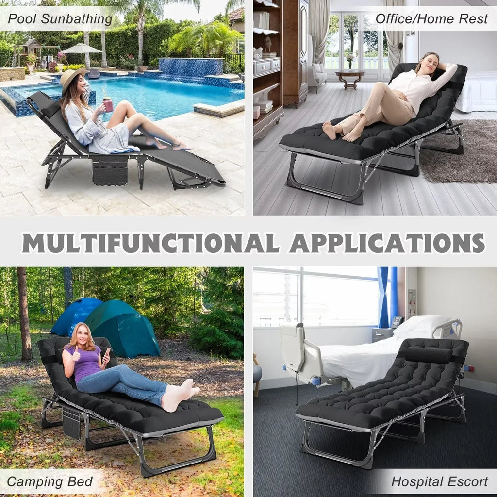 2026 NewMOPHOTO Lounge Chair with Mattress, Outdoor Chaise Lounge Support 440 Lbs, Adjustable Portable Heavy Duty Sleeping Cots Bed for Camping, Pool, Beach, Patio