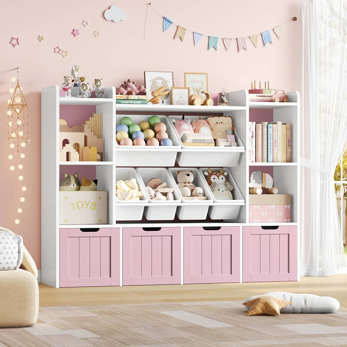 2026 NewHiphuta 3 Tier Kids Bookcase with Toy Storage Organizer, Wood Toy Organizer of 6 Boxes & 4 Removable Drawers, White