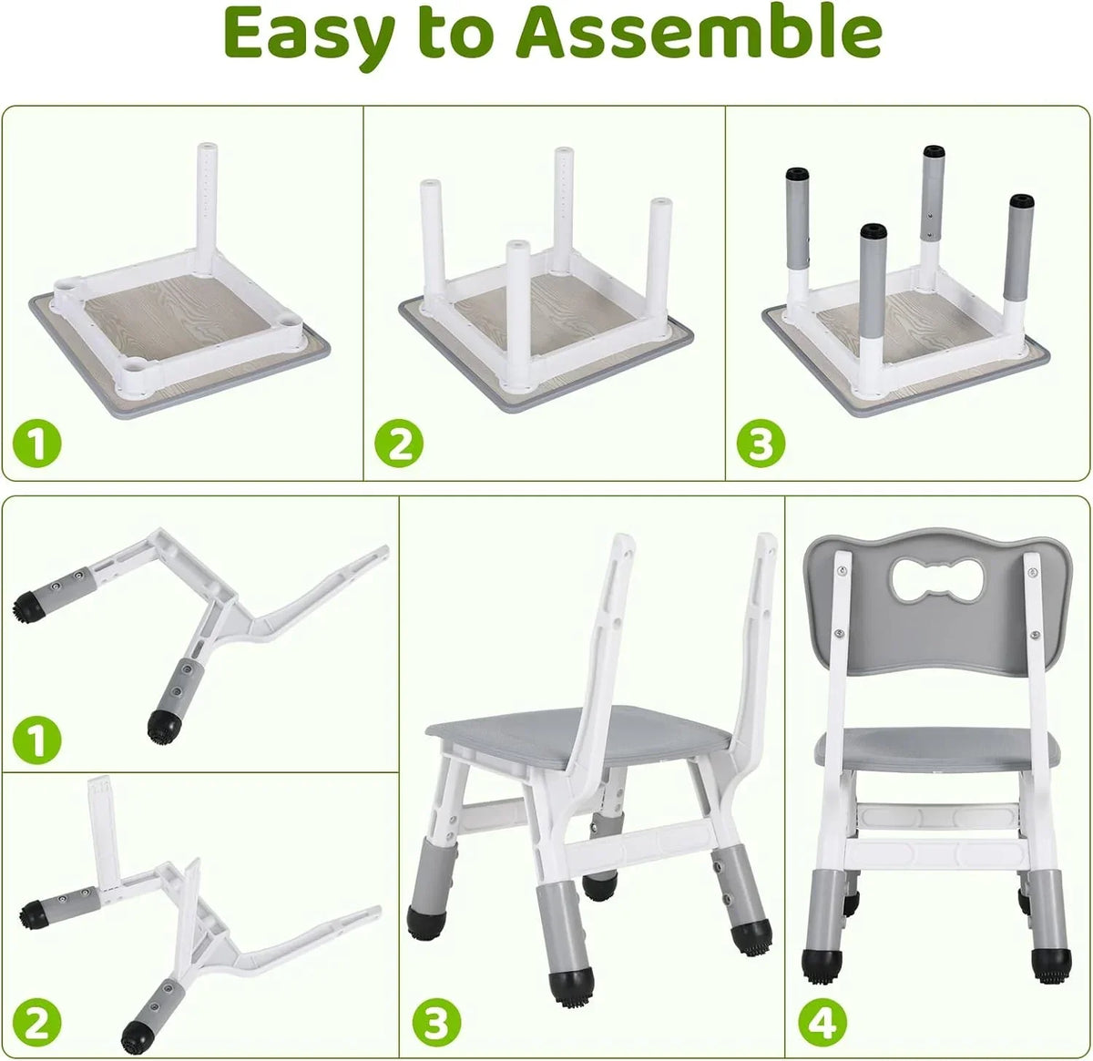 2026 NewArlopu 5 Pcs Kids Table and Chairs Set, Height Adjustable, Toddlers Activity Table & 4 Chairs Set for Study, Grey
