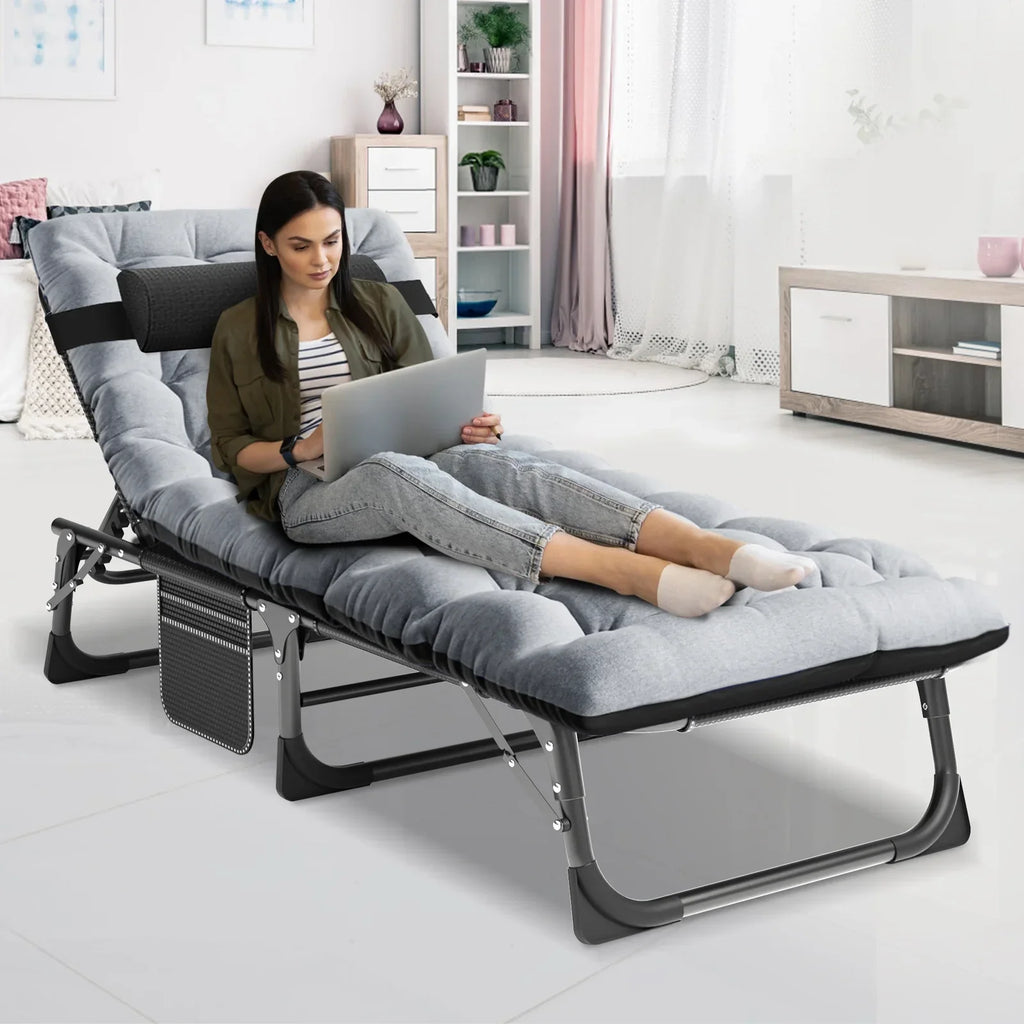 2026 NewMOPHOTO Lounge Chair with Mattress, Outdoor Chaise Lounge Support 440 Lbs, Adjustable Portable Heavy Duty Sleeping Cots Bed for Camping, Pool, Beach, Patio