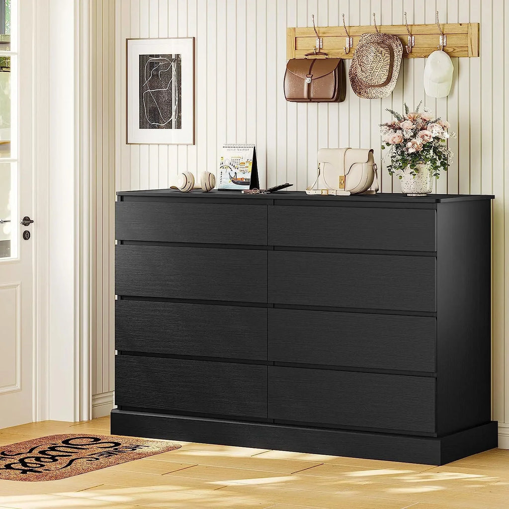 2026 New8 Drawers Double Dresser Wooden Black Chest of Drawers for Bedroom, Large Storage Cabinet for Home Living Room
