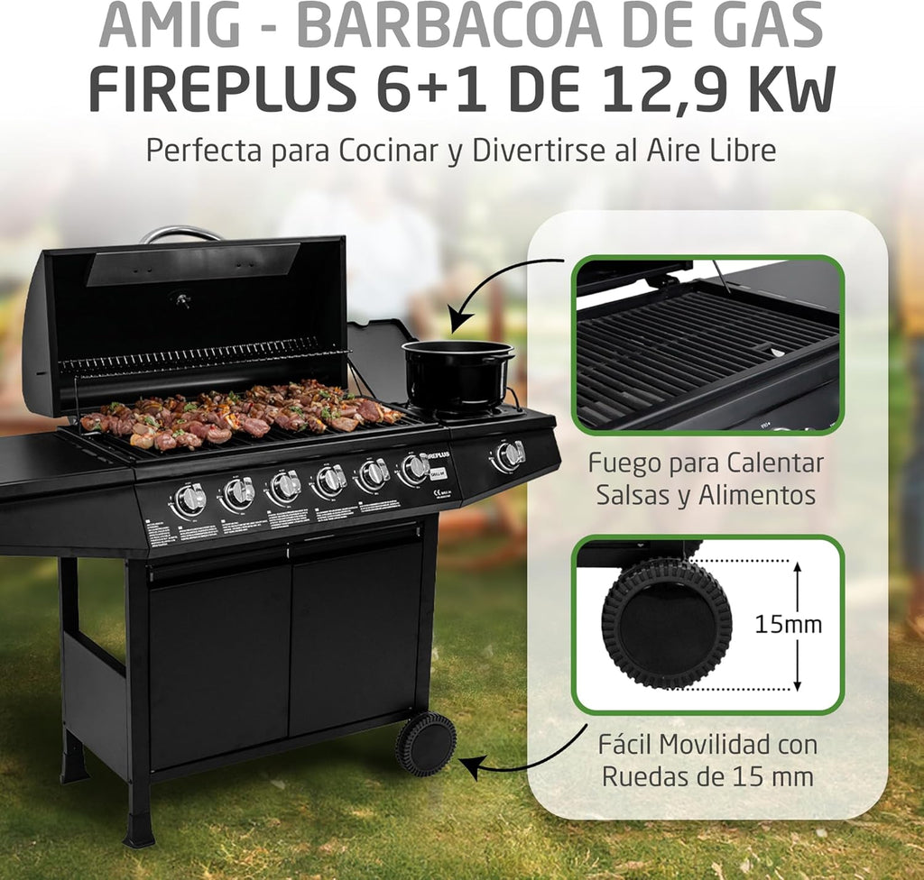 2026 Amig - Barbacoa de gas Fireplus 6 1 de 12,9 kW - Acero inoxidable Negro - Parrilla con ruedas Modelo GRILL-6F - Barbacoa XXL con carro y termómetro - 138x52x103 cm - 7 quemadores y Bandeja lateral