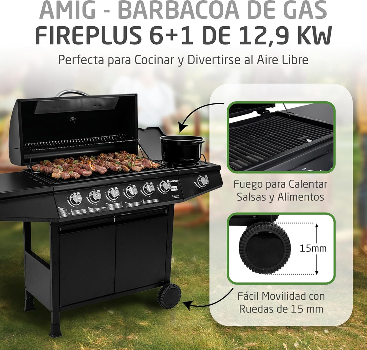 2026 Amig - Barbacoa de gas Fireplus 6 1 de 12,9 kW - Acero inoxidable Negro - Parrilla con ruedas Modelo GRILL-6F - Barbacoa XXL con carro y termómetro - 138x52x103 cm - 7 quemadores y Bandeja lateral