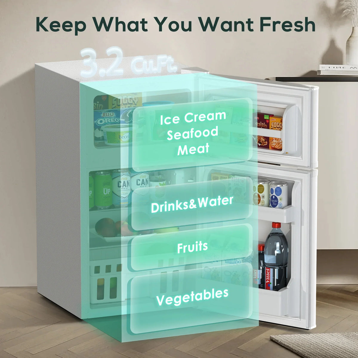 2026 NewAuseo 3.1 Cu.Ft Double Door Mini Fridge with Freezer, Compact Retro Refrigerator for Dorm, Office, Bar, Bedroom, Black