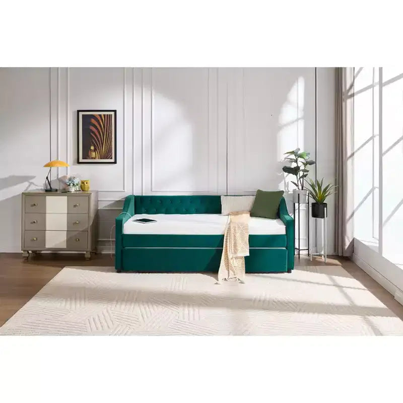 2026 Cama sofá Twin con cama nido, tapizada en terciopelo, puerto USB y bolsillos laterales - ModernLuxe