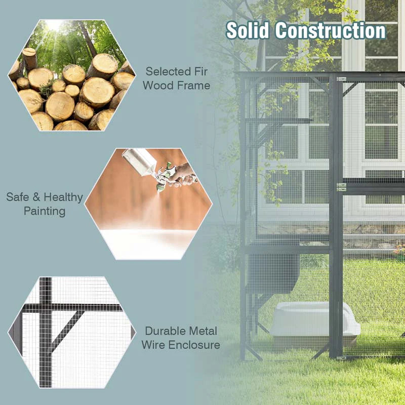 2026 Casa para gatos grande de 180 cm de altura, recinto exterior para gatos, caseta para gatos con acceso directo, jaula de madera para gatos con 7 plataformas.