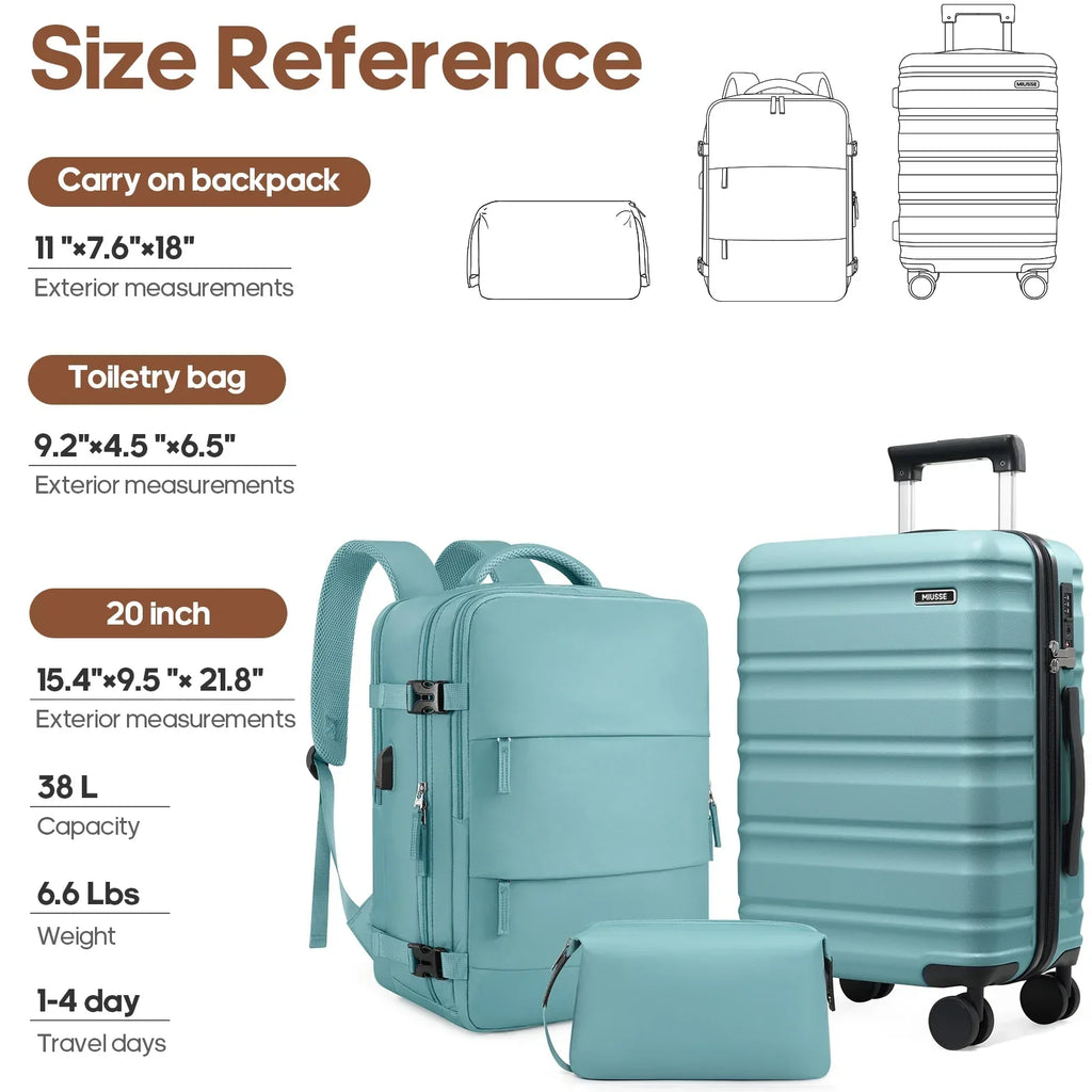 2026 NewMIUSSE Luggage Sets 3 Piece, 20 Inch Carry On Luggage with Wheels, 100% PC Hardshell Suitcase with TSA Lock, Carry On Suitcases Airline Approved With Travel Backpack for Men Women
